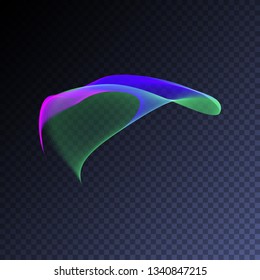 Magic glowing swirl trail transparent light effect. Bright shine wavy element for your design. Beautiful flame, flare, light trail, hologram. Iridescent neon vector shape