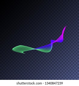 Magic glowing swirl trail transparent light effect. Bright shine wavy element for your design. Beautiful flame, flare, light trail, hologram. Iridescent neon vector shape