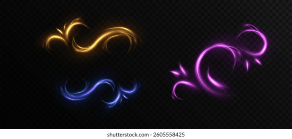 Magic glowing swirls with shimmering light effects on a dark background. Magic shimmering comets for fantasy design and magical decor.