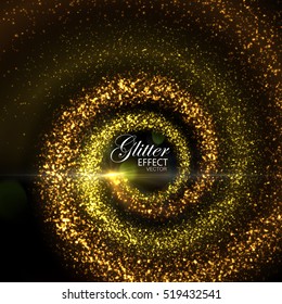 Magic glowing trails of particles. Vector illustration of golden spiral traces. Festive whirlpool of glitters. Stream of sparkling particles with flash and light rays. Decoration element for design.