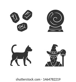 Magic glyph icons set. Runestones, fortune telling crystal ball, witch cat, wizard. Witchcraft and sorcery halloween symbols. Silhouette symbols. Vector isolated illustration