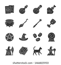 Magic glyph icons set. Witchcraft, sorcery Halloween item. Occult, gypsy mystic rituals tools. Fortune telling, divination. Superstitions & predictions. Silhouette symbol. Vector isolated illustration