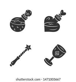 Magic glyph icons set. Witchcraft, occult ritual items. Mystery objects. Magical death and love potions, witch wand, ceremonial chalice. Silhouette symbols. Vector isolated illustration