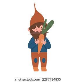 Magic gnome holding carrot. Dwarf farming and harvesting season vector illustration