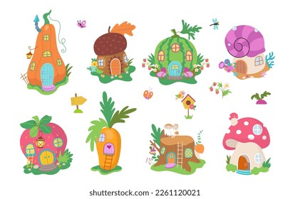 Magic gnome houses, cartoon magic forest elements. Dwarf and fairy lady home in mushroom and pumpkin. Children magical tale nowaday vector set