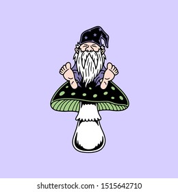 MAGIC GNOME SITTING ON A MUSHROOM COLOR BACKGROUND