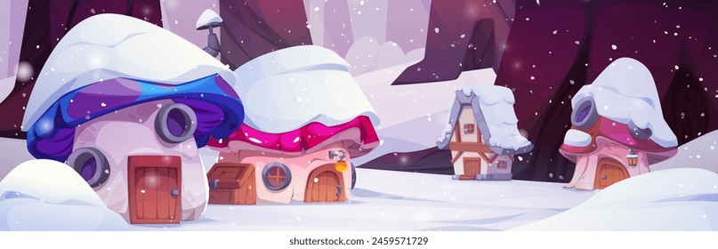 Magic gnome village with snow in winter forest. Cute fairy tale mushroom house for elf panorama background. Little old rural dwarf country exterior in woodland meadow for fairytale story design.