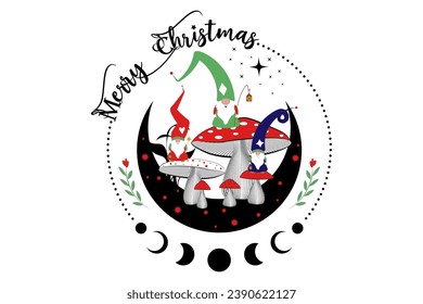 Magic Gnomes in the mystical woods of mushrooms on crescent moon and stars. Christmas concept symbol, witchy esoteric fungus and moon phases. Magical Garden troll fairy tale character. Vector isolated
