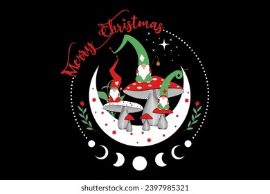 Magic Gnomes in the mystical woods of mushrooms on crescent moon and stars. Christmas concept symbol, witchy esoteric fungus and moon phases. Magical Garden troll fairy tale character. Vector isolated