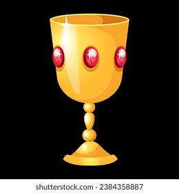 Magic goblet. Golden cup with ruby gemstones. Treasure shiny antique glass. Award trophy. Gold metal and jewels. Wizard bowl. Witchcraft and alchemy. Potion drink. Precious gem. Vector magical object