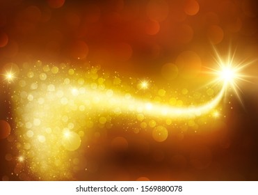 Magic gold celebration background. Festive sparkle shiny decoration with bokeh effects. Defocused, blurred lights.