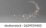Magic gold dust trail with star shaped sparkles on dark background. Realistic vector illustration of circle and wave path of shine glitter and shimmer particles.