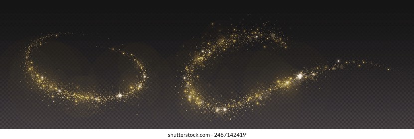 Magic gold dust trail with star shaped sparkles on dark transparent background. Realistic vector illustration of circle and wave path of shine glitter and shimmer particles. Can be used as png.