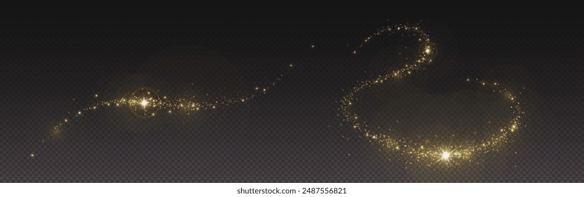 Magic gold dust trail with star shaped sparkles on dark transparent background. Realistic vector illustration of circle and wave path of shine glitter and shimmer particles. Can be used as png.