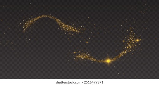 Magic gold dust trail with star shaped sparkles on dark transparent background. Realistic vector illustration of circle and wave path of shine glitter and shimmer particles. Can be used as png