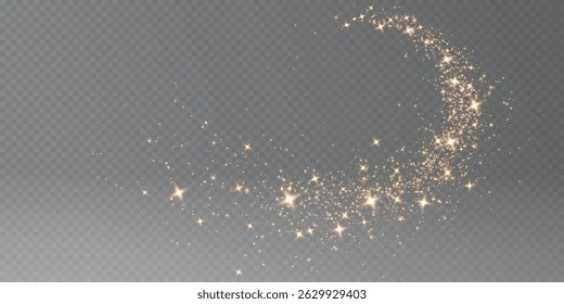 Trilha de pó de ouro mágico com cintilações em forma de estrela no fundo escuro. Ilustração de vetor realista de círculo e caminho de onda de brilho brilho e partículas brilhantes.