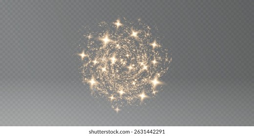 Magic gold dust trail with star shaped sparkles on dark background. Realistic vector illustration of circle and wave path of shine glitter and shimmer particles.