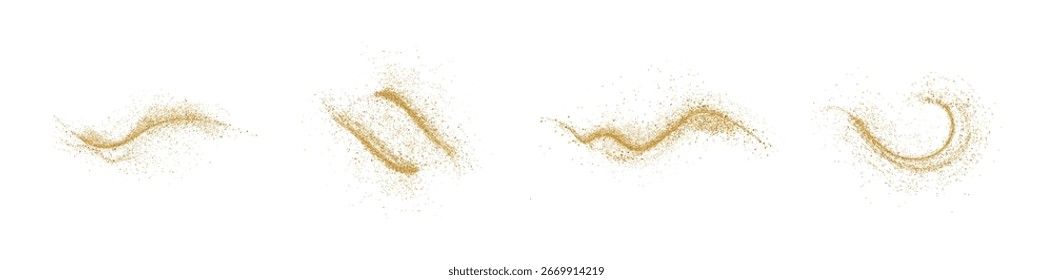Magischer Goldstaubpfad mit sternförmigen Funkeln auf dunklem, transparentem Hintergrund. Realistische Vektorgrafik von Kreis- und Wellengang von Glanz-Glitter- und Schimmer-Teilchen. Kann als png verwendet werden.