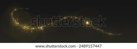 Magic gold dust trail with star shaped sparkles on dark transparent background. Realistic vector illustration of circle and wave path of shine glitter and shimmer particles. Can be used as png.