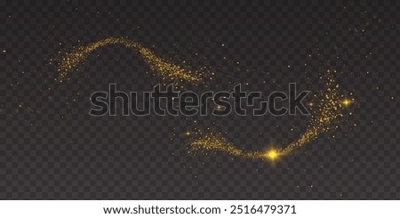 Magic gold dust trail with star shaped sparkles on dark transparent background. Realistic vector illustration of circle and wave path of shine glitter and shimmer particles. Can be used as png