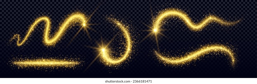 Polvo de brillo de oro mágico con efecto de traza vectorial de brillo estrella. El hada dorada brilla la luz y el polvo de estrellas la textura abstracta del remolque. Brillante cola amarilla de lujo con espray de partículas brillantes. Cometa en caída de torrente