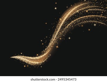 Magic gold glitter dust and star light wave vector. Golden shine trail with bright twinkle texture. Abstract yellow sparkle spray and stardust swirl design decoration. Luxury and glamour element