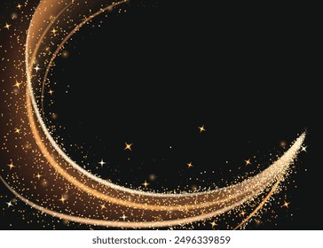 Magic gold glitter dust and star light wave vector. Golden shine trail with bright twinkle texture. Abstract yellow sparkle spray and stardust swirl design decoration. Luxury and glamour element