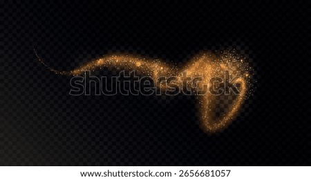 Magic gold glitter dust trail with light effect. Abstract glowing beam with golden sparkles and shimmer. Isolated vector on transparent background