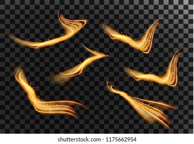 Magic gold glitter wave glowing fire lines and sparkles isolated on transparent background. 