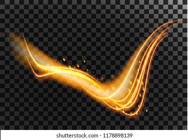 Magic gold glitter wave glowing fire lines and sparkles isolated on transparent background. 