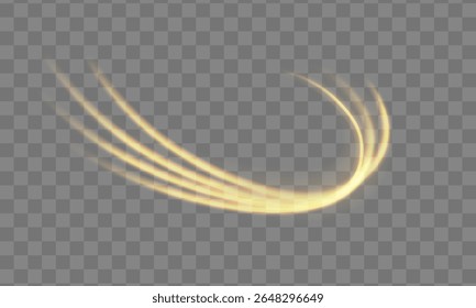 Vetor de luz de ouro mágico. Trilha de brilho com brilho, brilho e espiral de poeira estelar. Efeito brilhante flare com brilho dourado e feixe curvo para fundo de fantasia, galáxia abstrata ou design de poeira de fadas.

