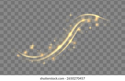 Vetor de luz de ouro mágico. Trilha de brilho com brilho, brilho e espiral de poeira estelar. Efeito brilhante flare com brilho dourado e feixe curvo para fundo de fantasia, galáxia abstrata ou design de poeira de fadas.

