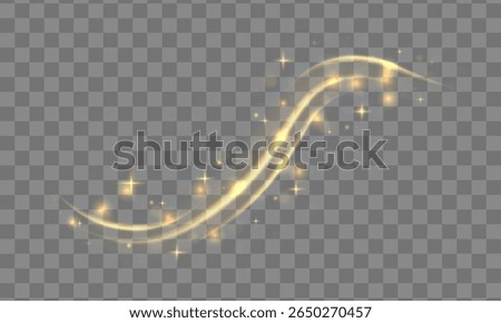 Magic gold light vector. Glitter trail with sparkle, shine and stardust swirl. Glowing flare effect with golden twinkle and curved beam for fantasy background, abstract galaxy or fairy dust design.

