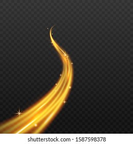 Magic gold light wave trail with golden sparkle stars isolated on dark transparent background, colorful golden glitter path in flying curvy motion - vector illustration
