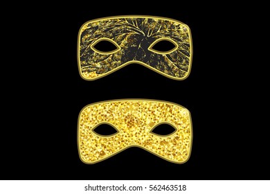 Magic gold mask with black floral pattern on black background, golden sparkles. Vector