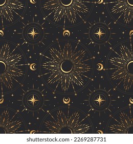 Magic gold seamless vector pattern with plants and crescents Boho pattern for astrology, textiles, wrapping paper, design.