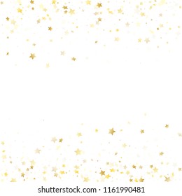 Magic gold sparkle texture vector star background. Decorative gold falling magic stars on white background sparkle pattern graphic design. Holiday tinsels flying backdrop.
