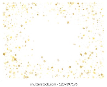 Magic gold sparkle texture vector star background. Twinkle gold falling magic stars on white background sparkle pattern graphic design. Holiday tinsels flying backdrop.