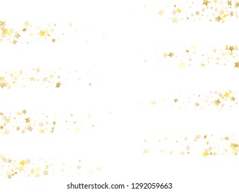 Magic gold sparkle texture vector star background. Holiday gold falling magic stars on white background sparkle pattern graphic design. Holiday tinsels flying backdrop.