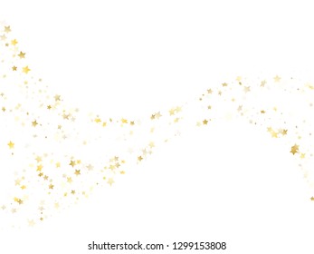 Magic gold sparkle texture vector star background. Bright gold falling magic stars on white background sparkle pattern graphic design. Holiday tinsels flying backdrop.