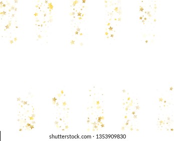 Magic gold sparkle texture vector star background. Light gold falling magic stars on white background sparkle pattern graphic design. Holiday tinsels scatter flying pattern.