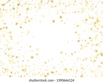 Magic gold sparkle texture vector star background. Glittering gold falling magic stars on white background sparkle pattern graphic design. New Year confetti tinsels decor.