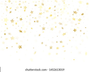 Magic gold sparkle texture vector star background. Decorative gold falling magic stars on white background sparkle pattern graphic design. Christmas starlight banner backdrop.