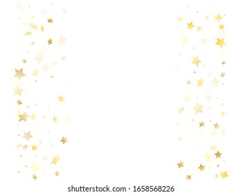 Magic gold sparkle texture vector star background. Glowing gold falling magic stars on white background sparkle pattern graphic design. New Year tinsels flying backdrop.