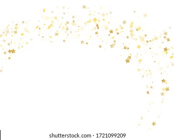 Magic gold sparkle texture vector star background. Glowing gold falling magic stars on white background sparkle pattern graphic design. Birthday starburst lights card pattern.