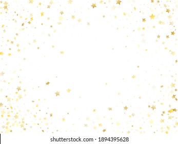 Magic gold sparkle texture vector star background. Metallic gold falling magic stars on white background sparkle pattern graphic design. Christmas starlight banner backdrop.