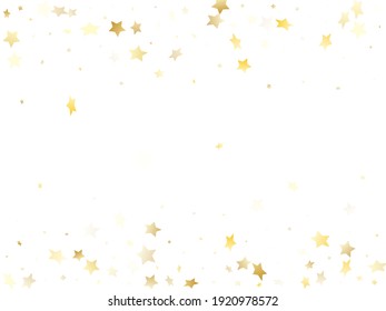 Magic gold sparkle texture vector star background. Shiny gold falling magic stars on white background sparkle pattern graphic design. New Year starburst lights card pattern.