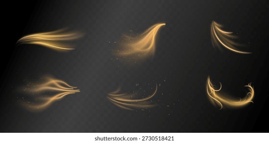Magic gold swirl elements. Warm glow, molten metallic aesthetics, smooth spiral motion, luminous heat, and fiery energy. Vortex concept. Glittering vector illustration for seasonal or festive design.