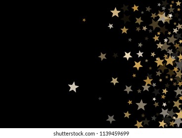 Magic gold vector star background. Gold falling sparkle pattern on black. Christmas, New Year, Birthday party festive holiday gold flying and falling stars magical background, metallic glitter design.