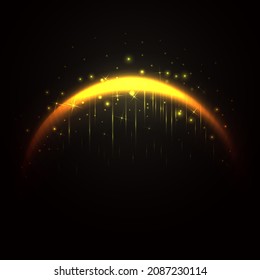 Arco mágico de oro. 3 d arco de oro aligerado realista. Curva de hadas líneas brillantes con estrellas brillantes y brillo. Línea de neón luminosa curva con luces de vuelo sobre un fondo oscuro. Ilustración de la tarjeta vector.